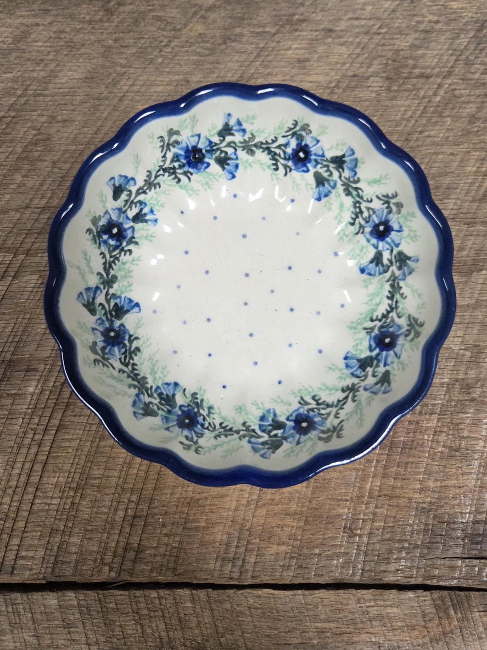 Vintage Floral Scalloped Ceramic Bowl in Blue & Cream Handmade In Poland Bin PP